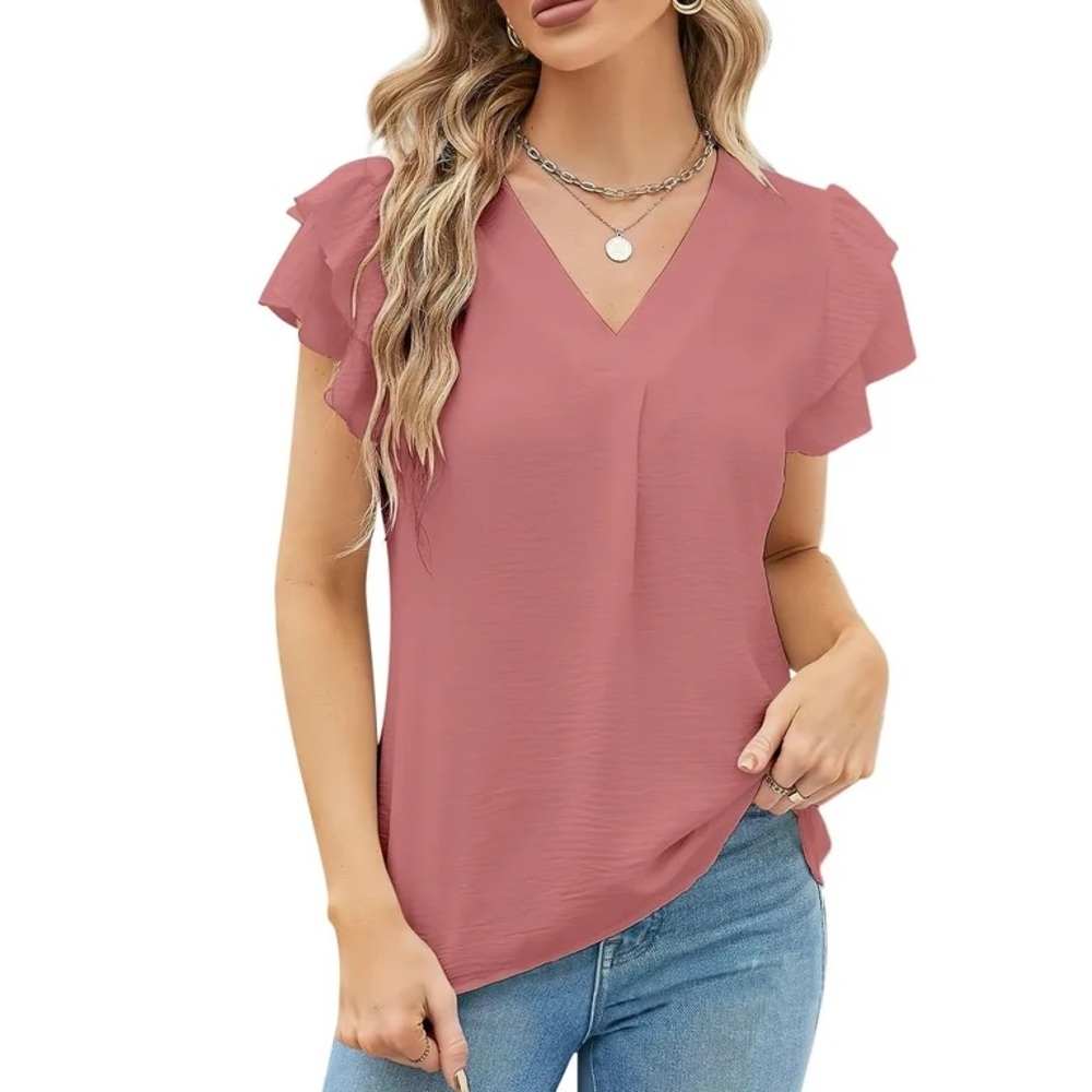 Women's Ruffled Sleeve Top in Pink Size L